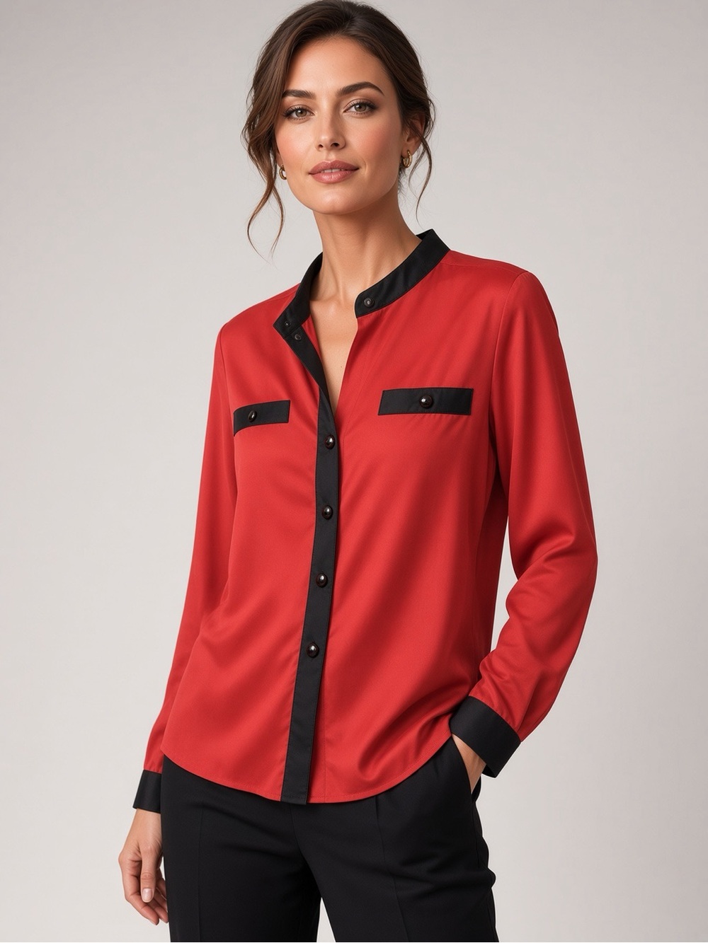 Worthington Petite Red Black Satin Trim Blouse Jewel Buttons Size 6P